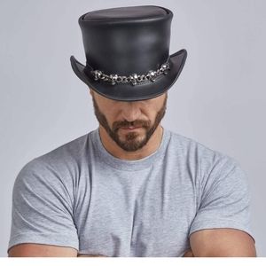 American Hat Makers El Dorado Black Leather Top Hat Mens Large skull hatband